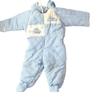 Baby Blue Gingham Hooded Snowsuit Bunting Pram Suit Fleece Lined